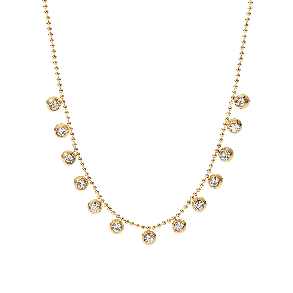 18K Gold Plated Clear Zircon Charms Choker Jewelry Stainless Steel Bead Chain Round Zircons Necklace
18K Gold Plated Clear Zircon Charms Choker Jewelry Stainless Steel Bead Chain Round Zircons Necklace