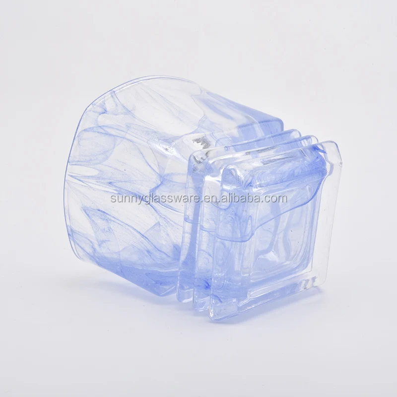 blue glass candle holders with cloudy finish