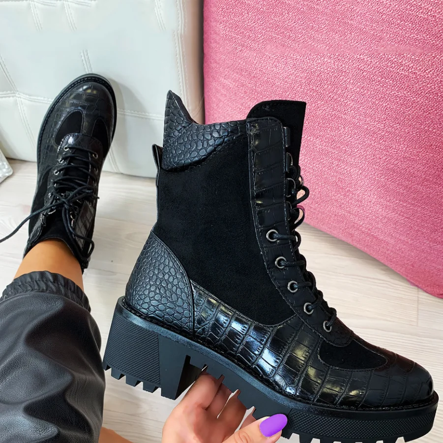 New Style Mirror Upper Thick Sole Round Toe Women Ankle Boots Side Zipper Chunky Heel Short Booties For Ladies Big Size 43, Black,crocodile 
New Style Mirror Upper Thick Sole Round Toe Women Ankle Boots Side Zipper Chunky Heel Short Booties For Ladies Big Size 43, Black,crocodile