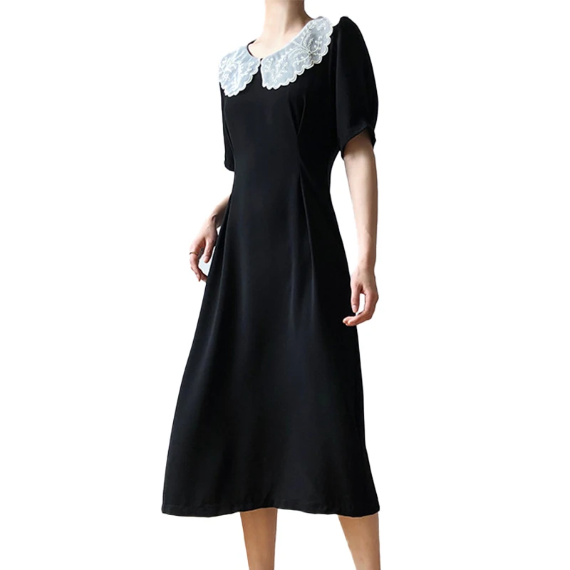 High Quality women summer chiffon dress lace floral collar black slim puff sleeve sweet dresses
High Quality women summer chiffon dress lace floral collar black slim puff sleeve sweet dresses