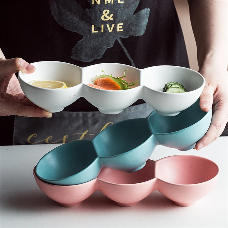 

Multiple color unique design restaurant used 3 compartment ceramic tapas snack serving dishes, Customized color