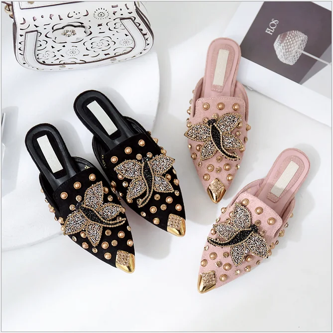 Spring and autumn new European and American stars with pointed Dragonfly button matching Baotou flat bottom half slipper women's, Color
Spring and autumn new European and American stars with pointed Dragonfly button matching Baotou flat bottom half slipper women's, Color