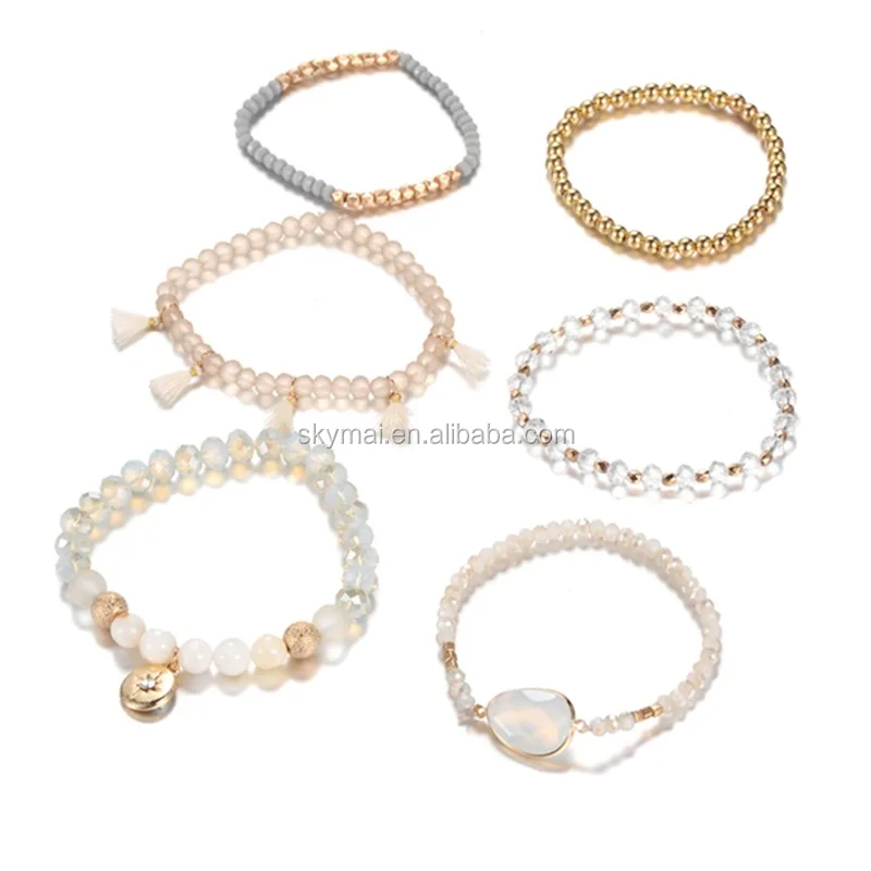 New trending opal beads bracelet with Six point star Hexagram pendant strech bracelet 6pcs set for women