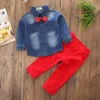 Ivy10487A European kids boys 2pcs clothing sets autumn 2019 fashion children's denim shirts with red trousers outfits