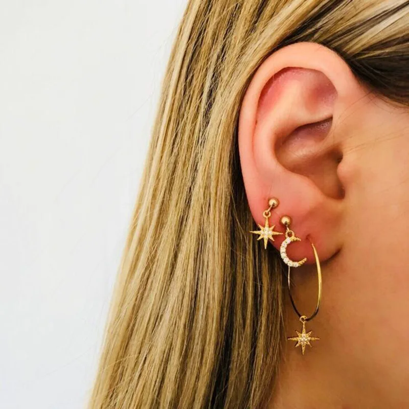 4pcs/set Bohemian Star Moon Earring Geometric Crystal Pendant Stud Earring for Women Girl Piercing Earrings, Gold, silver
4pcs/set Bohemian Star Moon Earring Geometric Crystal Pendant Stud Earring for Women Girl Piercing Earrings, Gold, silver