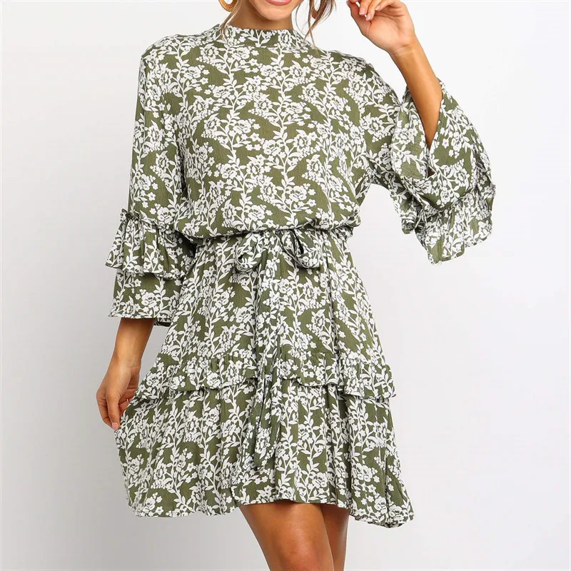 Clothes manufacturer small orders ladies 3/4 sleeve floral print chiffon dresses, Green
Clothes manufacturer small orders ladies 3/4 sleeve floral print chiffon dresses, Green