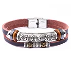 Religious buddhism mantra alloy charm leather metal buckle multilayer bracelet for women men