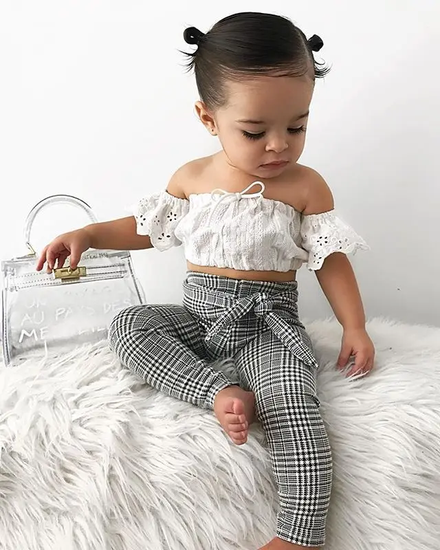 Ready to ship cotton fancy lace off shoulder top girls crop tops with plaid pants little girls clothes clothing set, White & plaid 
Ready to ship cotton fancy lace off shoulder top girls crop tops with plaid pants little girls clothes clothing set, White & plaid