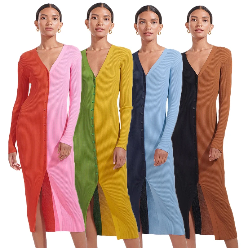 Autumn and winter 2021 new color blocking button high waist long knitted dress fashion V-neck tight Long Sleeve Dress
Autumn and winter 2021 new color blocking button high waist long knitted dress fashion V-neck tight Long Sleeve Dress