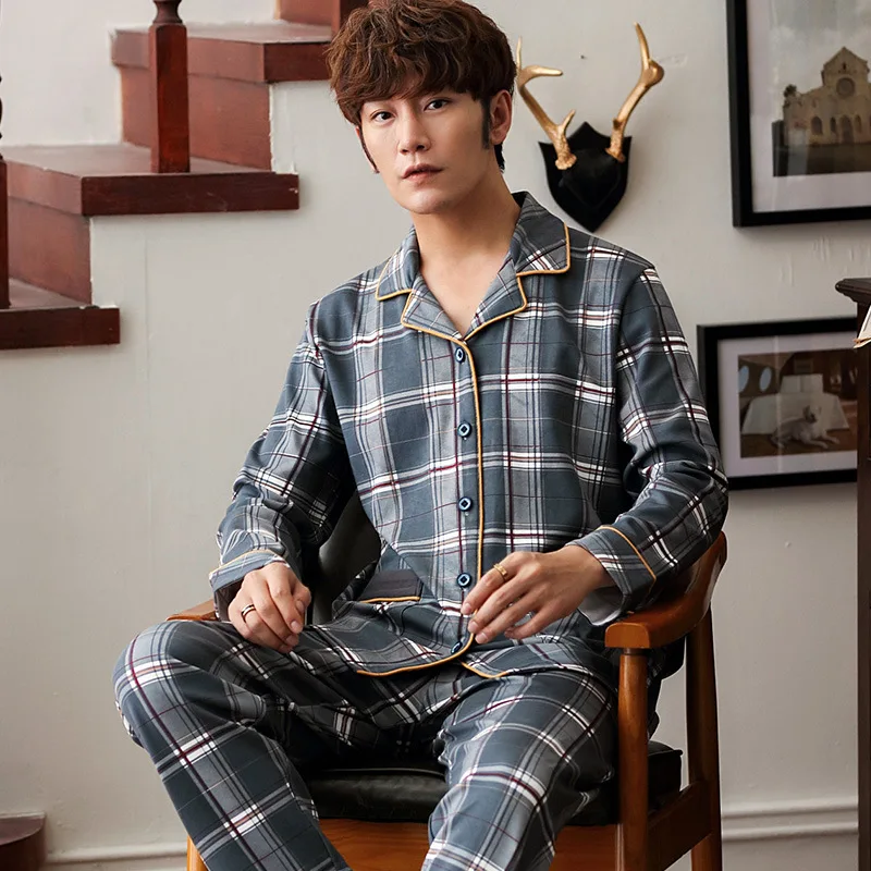 2021 New Pure cotton men's sleepwear pyjamas set spring style simple Korean large size long sleeve plaid men's pajamas, Customized color
2021 New Pure cotton men's sleepwear pyjamas set spring style simple Korean large size long sleeve plaid men's pajamas, Customized color