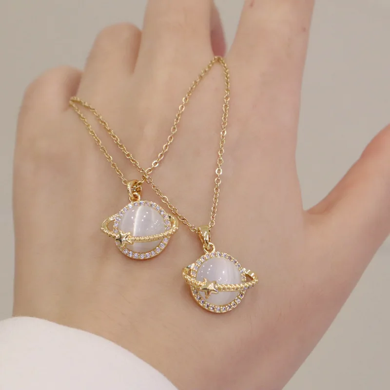 

GT Zircon Planet Cat Eye Opal Stone Pendant Clavicle Chain Necklaces 18K Gold Chain Stainless Steel Earth Necklace