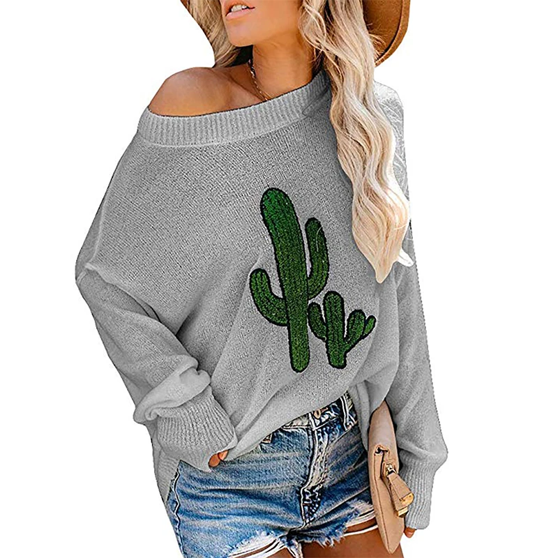 Womens Fall Cactus Print Crew Neck Pullover Female Knitted Sweater Wholesale, Gray;light purple;black;white
Womens Fall Cactus Print Crew Neck Pullover Female Knitted Sweater Wholesale, Gray;light purple;black;white