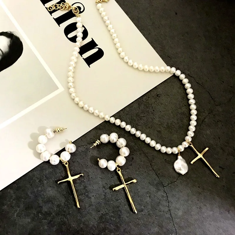 Baroque Freshwater Pearl Necklace Women Cross Earrings White Pearl Necklace Beaded Choker Collares Necklace And Earring Sets
Baroque Freshwater Pearl Necklace Women Cross Earrings White Pearl Necklace Beaded Choker Collares Necklace And Earring Sets