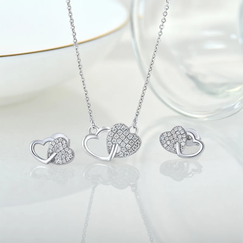 

Wholesale OEM ODM Dainty CZ Fashion Fine Jewellery Set Rhodium Plated 925 Sterling Silver Heart Necklace Earring Jewelry Woman