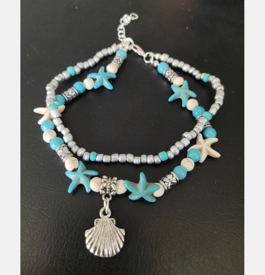 

2022 New Distressed Multiple Layered Turquoise Stone Foot Jewelry Turtle Shell Pendant Anklet Starfish Yoga Beach Anklet