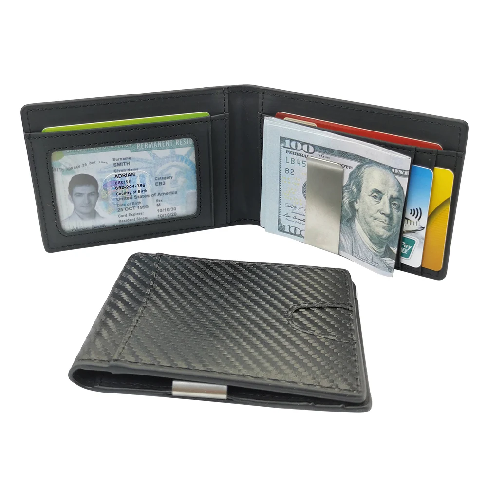Wholesale RFID Blocking Front Pocket Bifold Genuine Leather Carbon Fibre Minimalist Slim Money Clip Men Wallet, Carbon fibre black
Wholesale RFID Blocking Front Pocket Bifold Genuine Leather Carbon Fibre Minimalist Slim Money Clip Men Wallet, Carbon fibre black