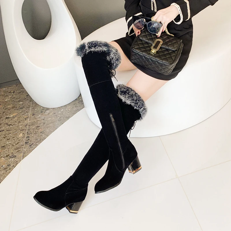 Ladies Round Toe High Heels Knee High Thigh Shoes Casual Solid Color Plush Warm Suede Boots, Black
Ladies Round Toe High Heels Knee High Thigh Shoes Casual Solid Color Plush Warm Suede Boots, Black