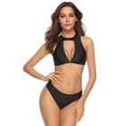 Simple female split zipper swimwear Europe and the new hot swimsuit low waist bikini black beachwear