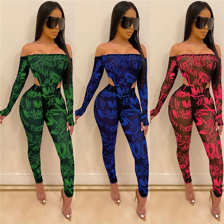 Latest style summer sexy long sleeve off the shoulder tight jumpsuits letter printed mesh see through sexy pants 2 piece sets
Latest style summer sexy long sleeve off the shoulder tight jumpsuits letter printed mesh see through sexy pants 2 piece sets