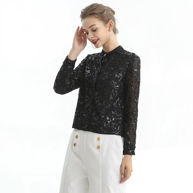 

T123 Spring Summer Fall Fashion Elegant Beading Sequined Women Party Evening Office Casual Shirts Blouses Tops