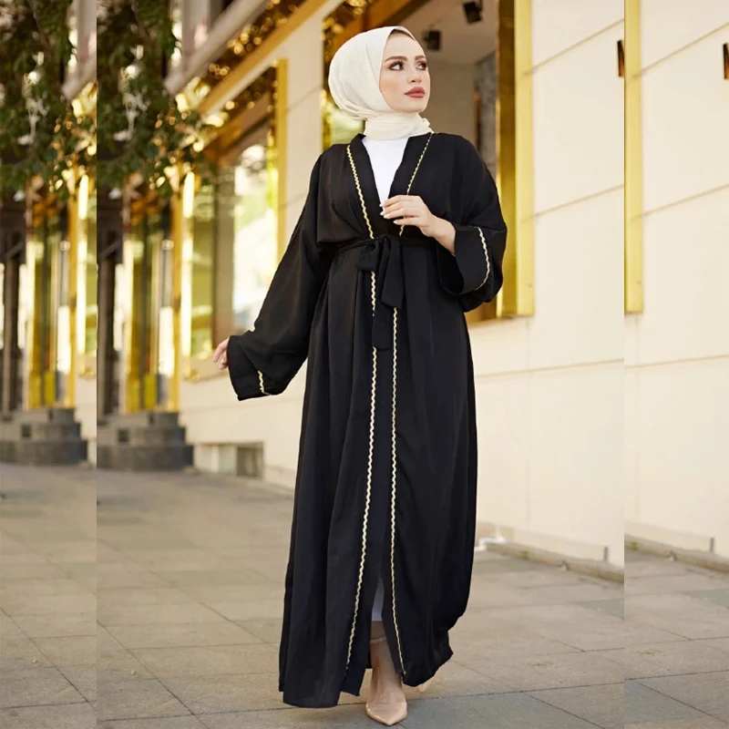 

2021 Latest New Design Jalabiya Golden Ribbon Cardigan Robe Islamic Clothing Fashion Front Open Kimono Arabic Dubai Abaya Muslim, Black