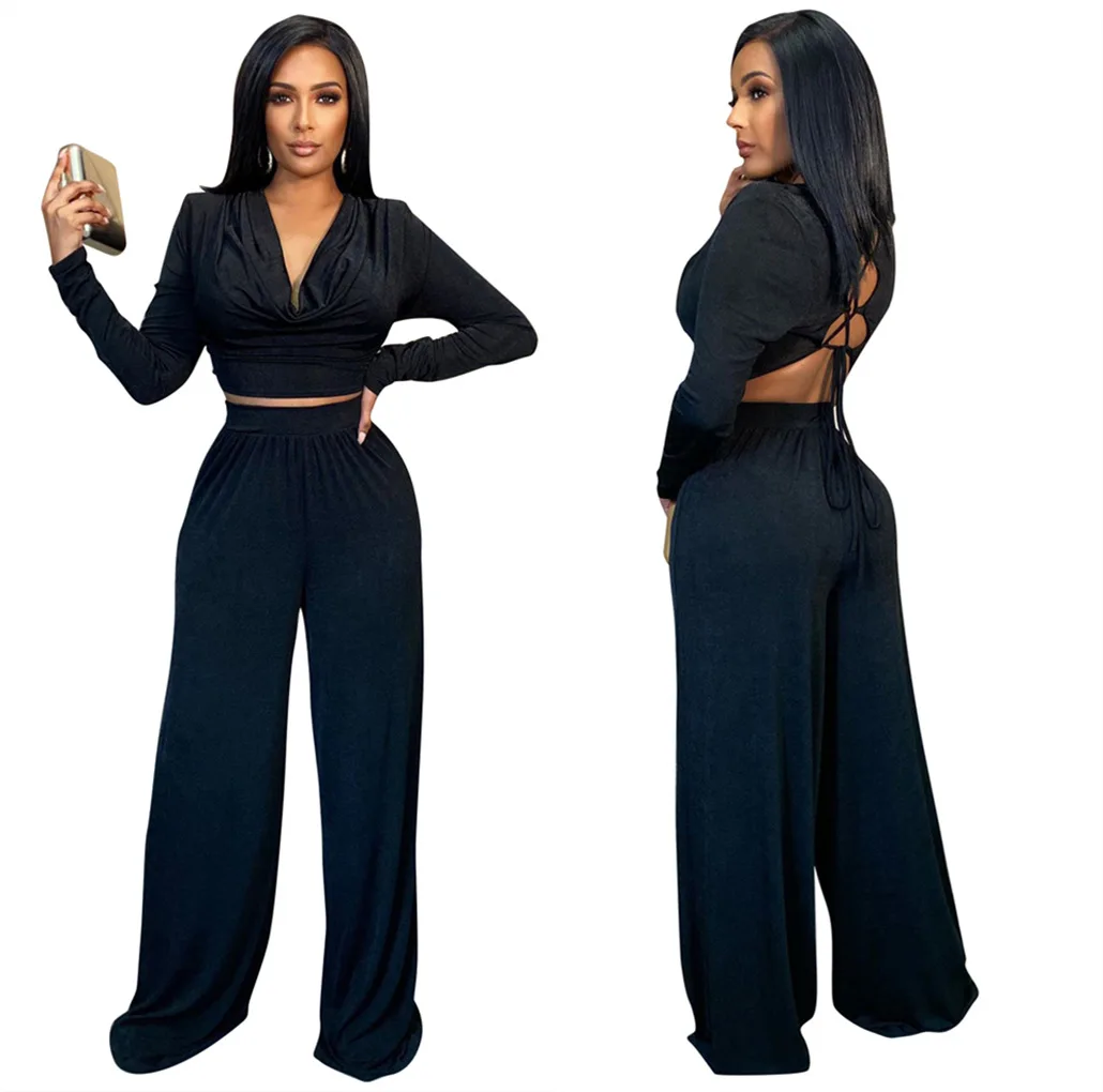 Fashionable Casual Ladies 2 Piece Black Outfit Long Sleeve Backless V Neck Crop Top Two Piece Wide Leg Pants Set For Women, Picture
Fashionable Casual Ladies 2 Piece Black Outfit Long Sleeve Backless V Neck Crop Top Two Piece Wide Leg Pants Set For Women, Picture