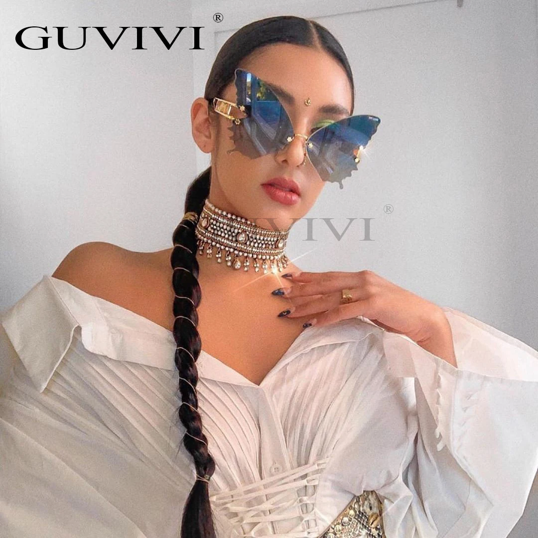 

GUVIVI Butterfly Rimless sunglasses shades Women Luxury brand Designer Fashion Oversized Steampunk UV400 sunglasses, Mix color