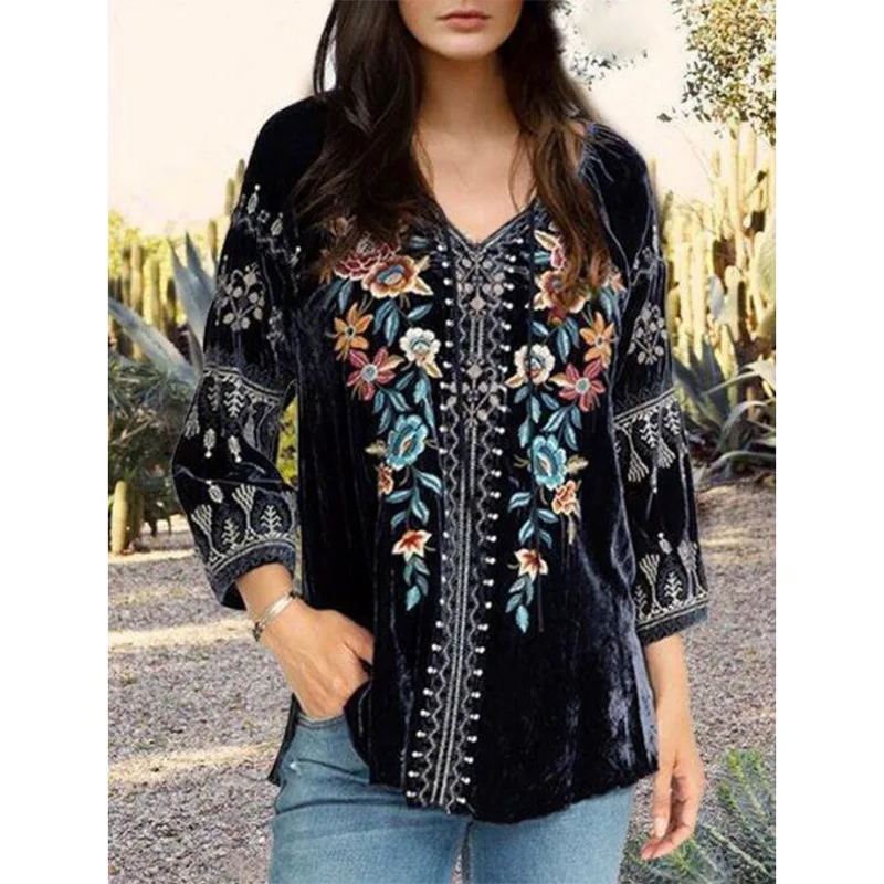 2020 Spring New Women Casual Blouse Lady Bohemian Style Floral printed V-neck Full Sleeves T-shirt Gold velvet Blouse Tops
2020 Spring New Women Casual Blouse Lady Bohemian Style Floral printed V-neck Full Sleeves T-shirt Gold velvet Blouse Tops