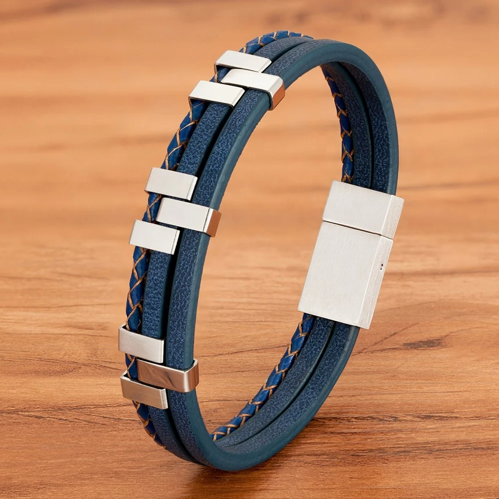 Luxury Three-Layer Stitching Mens Leather Bracelet Stainless Steel Magnet Black Brown Blue Color Fashion Charm Bracelet Jewelry, Rose gold/silver/black
Luxury Three-Layer Stitching Mens Leather Bracelet Stainless Steel Magnet Black Brown Blue Color Fashion Charm Bracelet Jewelry, Rose gold/silver/black