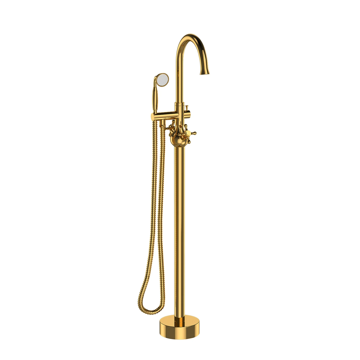 Double Handle Floor Mounted Clawfoot Tub Faucet Brushed Gold Solid Brass Freestanding Bathtub Faucet