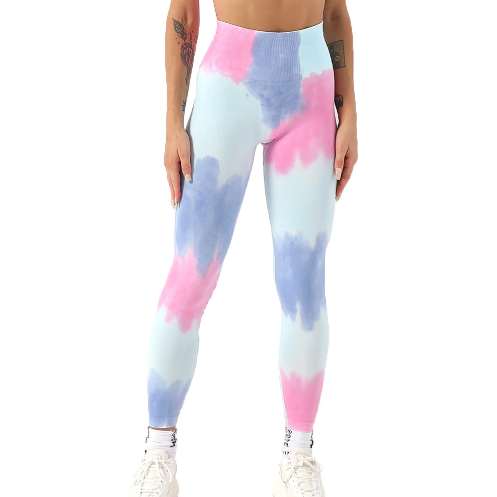 

HOSTARON Custom Logo Gym Fitness Leggings Tie Dye Women Colorblock Active Wear Feels Like Skin High Waist Seamless Yoga Pants