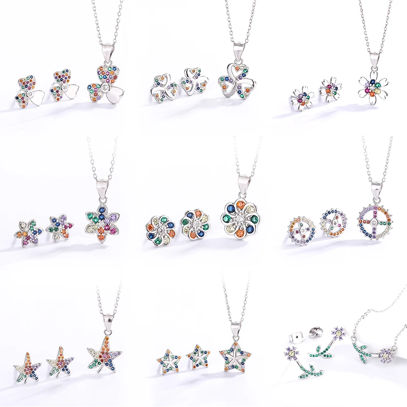 925 Sterling Silver Colorful Rainbow Micro Diamond Clover Leaf Star Gear Flower Zircon Necklace Earrings Jewelry Sets
925 Sterling Silver Colorful Rainbow Micro Diamond Clover Leaf Star Gear Flower Zircon Necklace Earrings Jewelry Sets