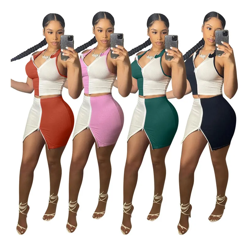 Sexy Patchwork Knitted Two Piece Short Sets Zipper Mini Skirts Crop Top Fashion Outfits Woman Club Wear
Sexy Patchwork Knitted Two Piece Short Sets Zipper Mini Skirts Crop Top Fashion Outfits Woman Club Wear