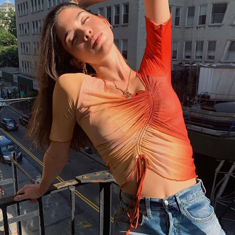 2021 wholesale women spring new sexy pull rope perspective temperament t - shirt, Orange
2021 wholesale women spring new sexy pull rope perspective temperament t - shirt, Orange