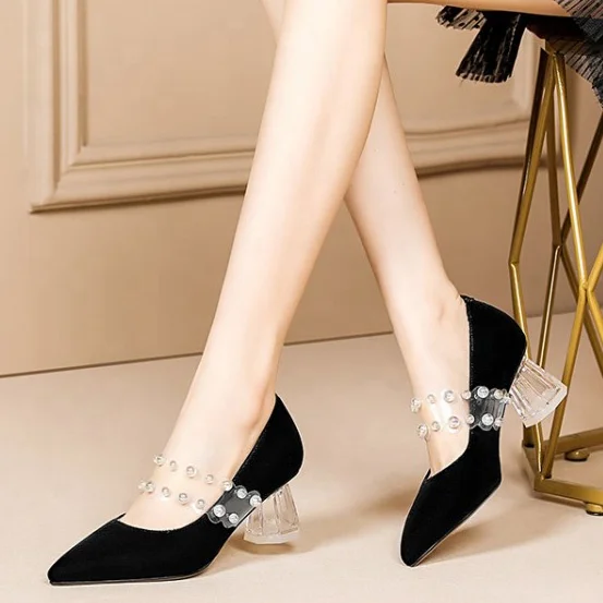 Pearl Ornament Crystal High Chunky Heel Women's Pointed Toe Solid Soft Upper Pumps Concise Slip-on Low Cut Ladies Dress Shoes, Black
Pearl Ornament Crystal High Chunky Heel Women's Pointed Toe Solid Soft Upper Pumps Concise Slip-on Low Cut Ladies Dress Shoes, Black