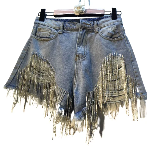 Fashion Women High Waist Ripped Jeans Rhinestone Tassel Decor Summer Tassel Denim Shorts, Blue
Fashion Women High Waist Ripped Jeans Rhinestone Tassel Decor Summer Tassel Denim Shorts, Blue