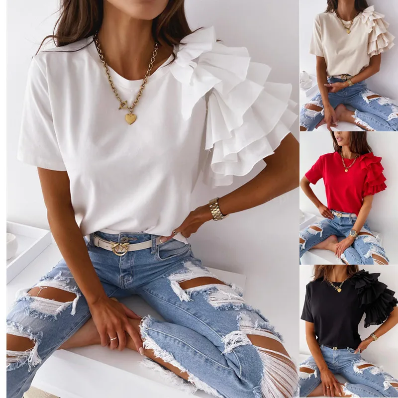2022 summer t shirt fashionable ladies cotton blouse with short sleeve ruffled design round neck tops for women 2022 casual, Color
2022 summer t shirt fashionable ladies cotton blouse with short sleeve ruffled design round neck tops for women 2022 casual, Color