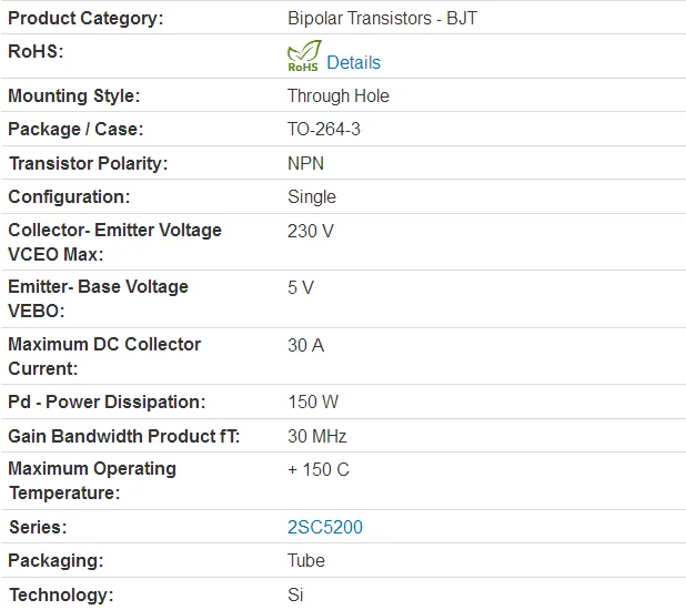 bipolar transistors   bjt npn 230v 15a 150w rohs 2sc5200