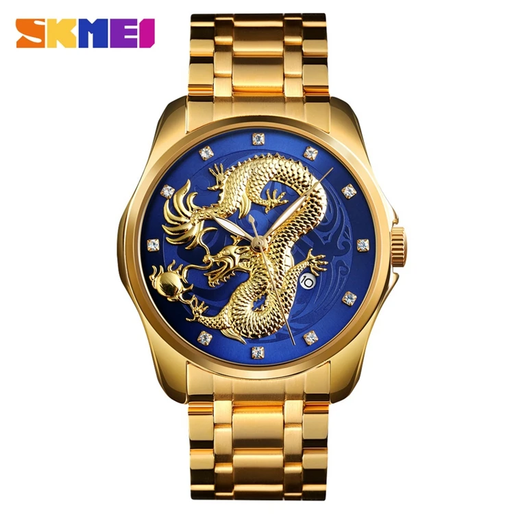 

SKMEI 9193 Charm Dragon Men's Luxury Watches Stainless Steel Japan Quartz Calendar Men Dress Wrist Watch, As picture