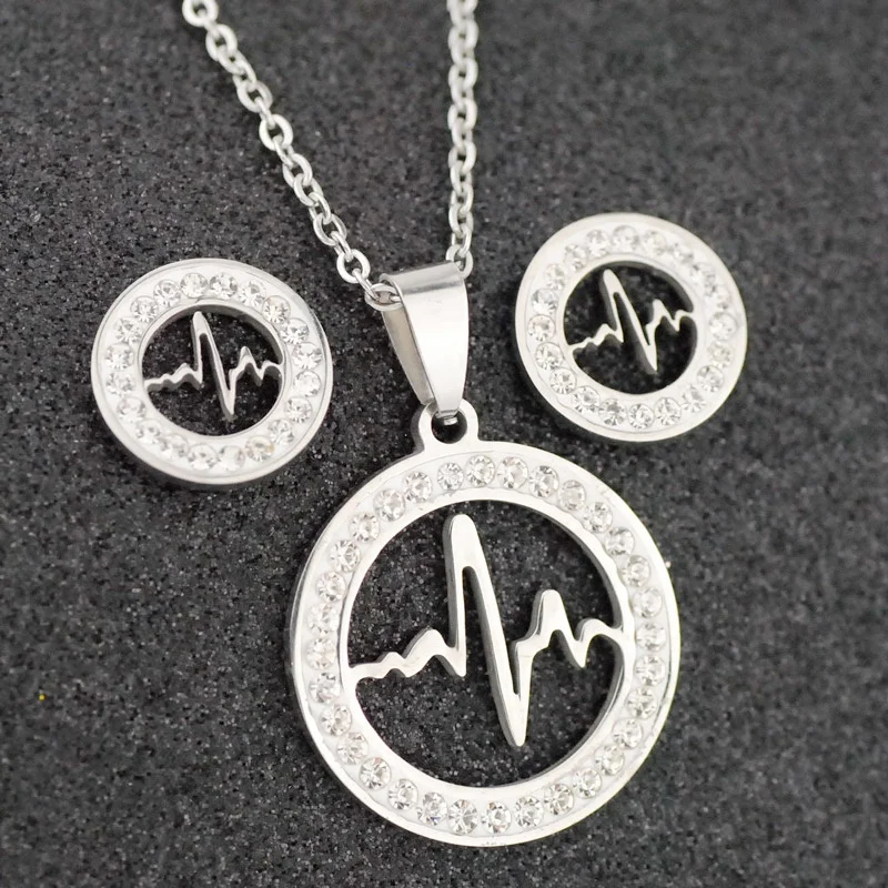 Wholesale Price Silver Color Crystal Round Necklace Stainless Steel Electrocardiogram Pendant Necklace Earring Set
Wholesale Price Silver Color Crystal Round Necklace Stainless Steel Electrocardiogram Pendant Necklace Earring Set