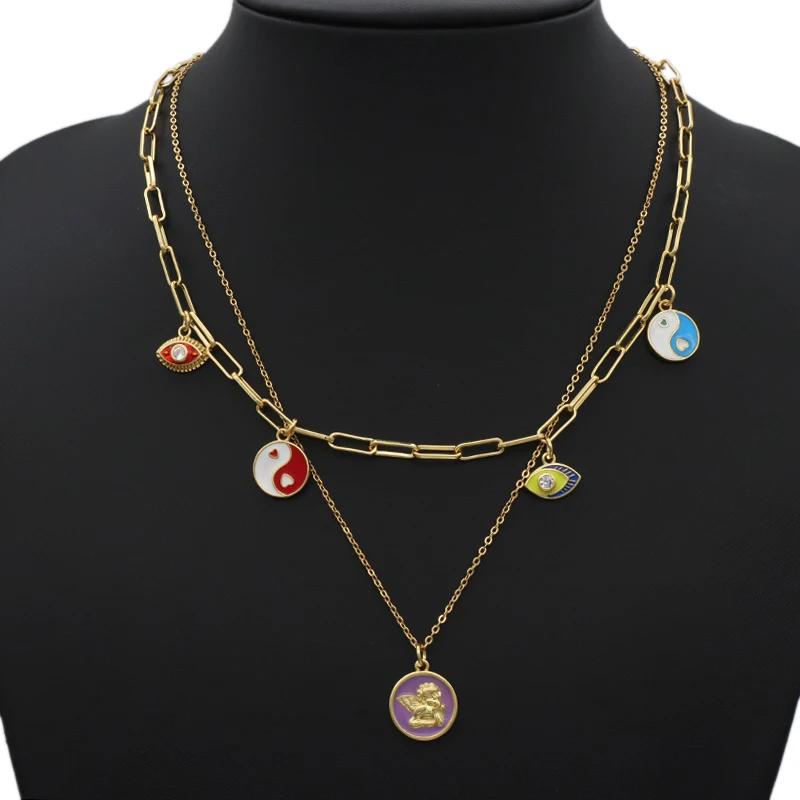 Wholesale Women Double Layer Turkish Eyes Round Angel Charm Pendant Choker Enamel Gold Plated evil eyes necklace Jewelry Set
Wholesale Women Double Layer Turkish Eyes Round Angel Charm Pendant Choker Enamel Gold Plated evil eyes necklace Jewelry Set
