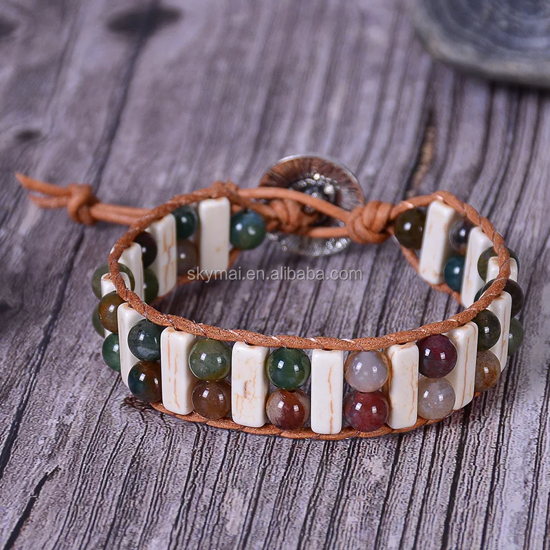 Handmade braided vintage genuine leather with mixed natural gemstone heart buckle for Yoga jewelry