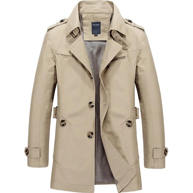 Plaid Stand Collar Men's Jacket Thin Work Coat Cotton Trench Coat