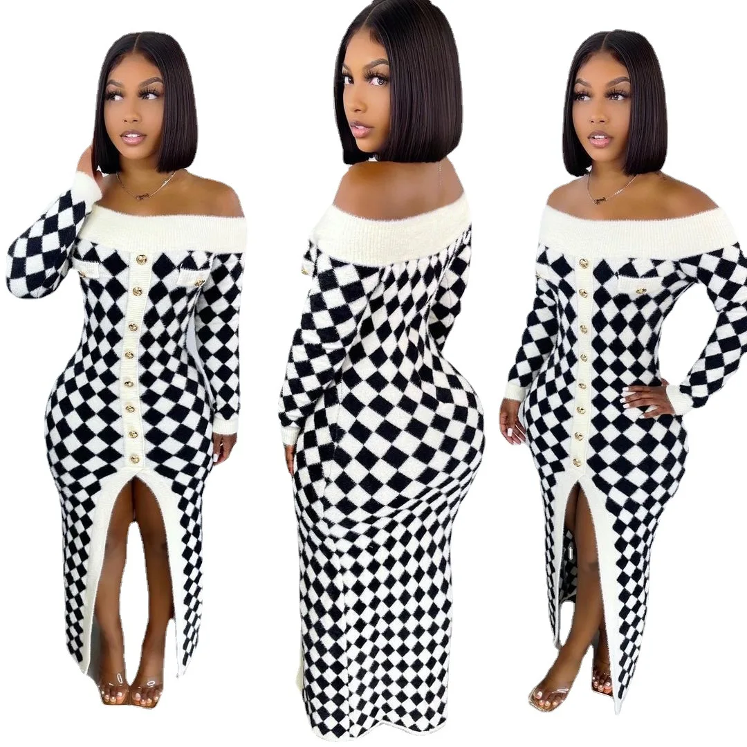 2021 New Winter Patchwork Plaid Knitted Dress Thick Split Dress For Women Off Shoulder Sweater Long Dress
2021 New Winter Patchwork Plaid Knitted Dress Thick Split Dress For Women Off Shoulder Sweater Long Dress