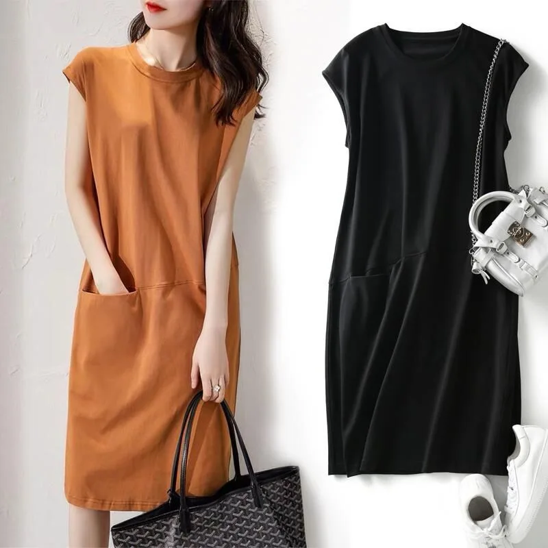 Summer new popular loose and thin solid color T-shirt dress women's Korean version of the medium length fairy skirt
Summer new popular loose and thin solid color T-shirt dress women's Korean version of the medium length fairy skirt