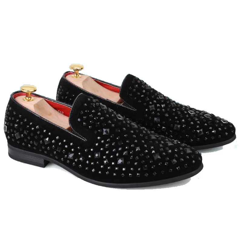 High quality Men loafers Black Rhinestones Spiked Loafers Wedding Party Shoes