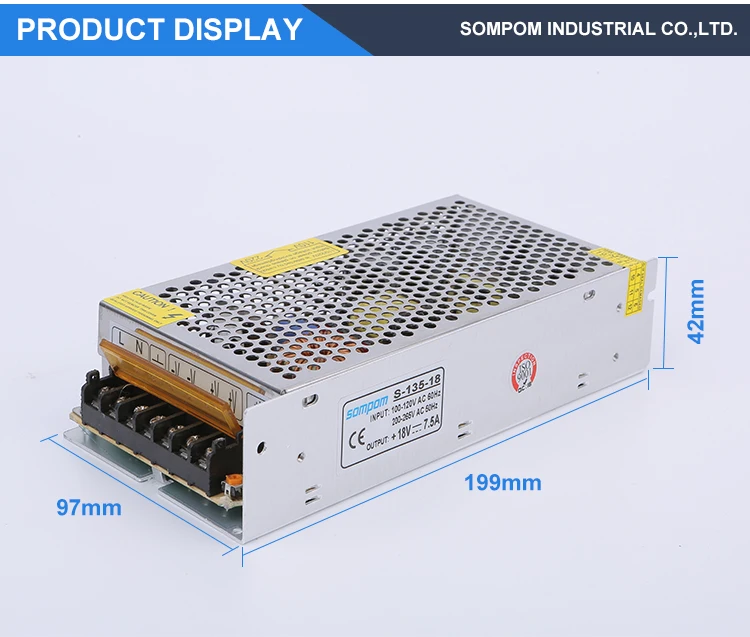 SOMPOM 18V 135W 7.5A FCC Variable AC to DC Switching Power Supply for Street Lighting