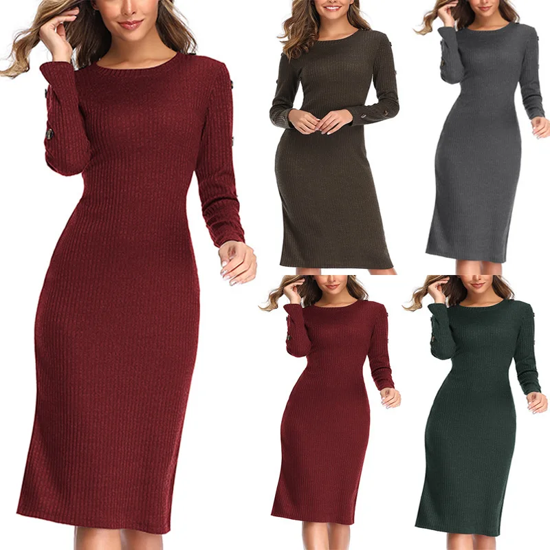 2022 Autumn And Winter Round Neck Button Long-sleeved Knitted Dress Stretch Slim Sweater Elegant Casual Dress
2022 Autumn And Winter Round Neck Button Long-sleeved Knitted Dress Stretch Slim Sweater Elegant Casual Dress