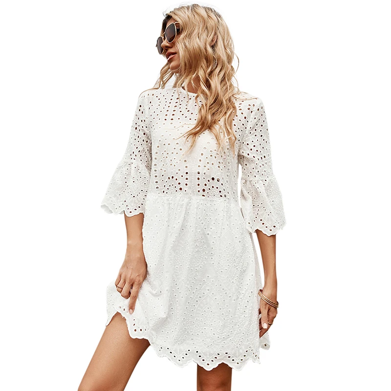 2022 spring and summer women's hot sale round neck white hollow loose dress wholesale
2022 spring and summer women's hot sale round neck white hollow loose dress wholesale
