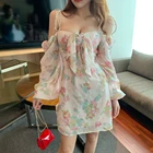 Summer and autumn new printed pearl buckle bow drawstring dress